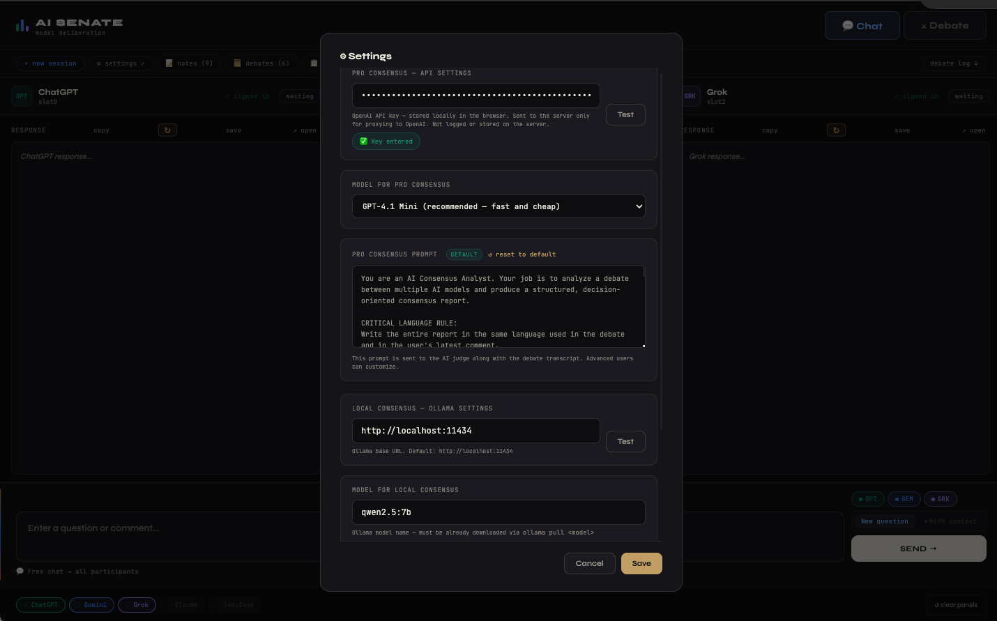 AI Senate Settings — Pro and Local consensus configuration