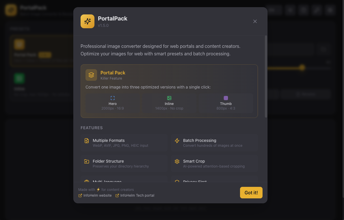 PortalPack about/help screenshot
