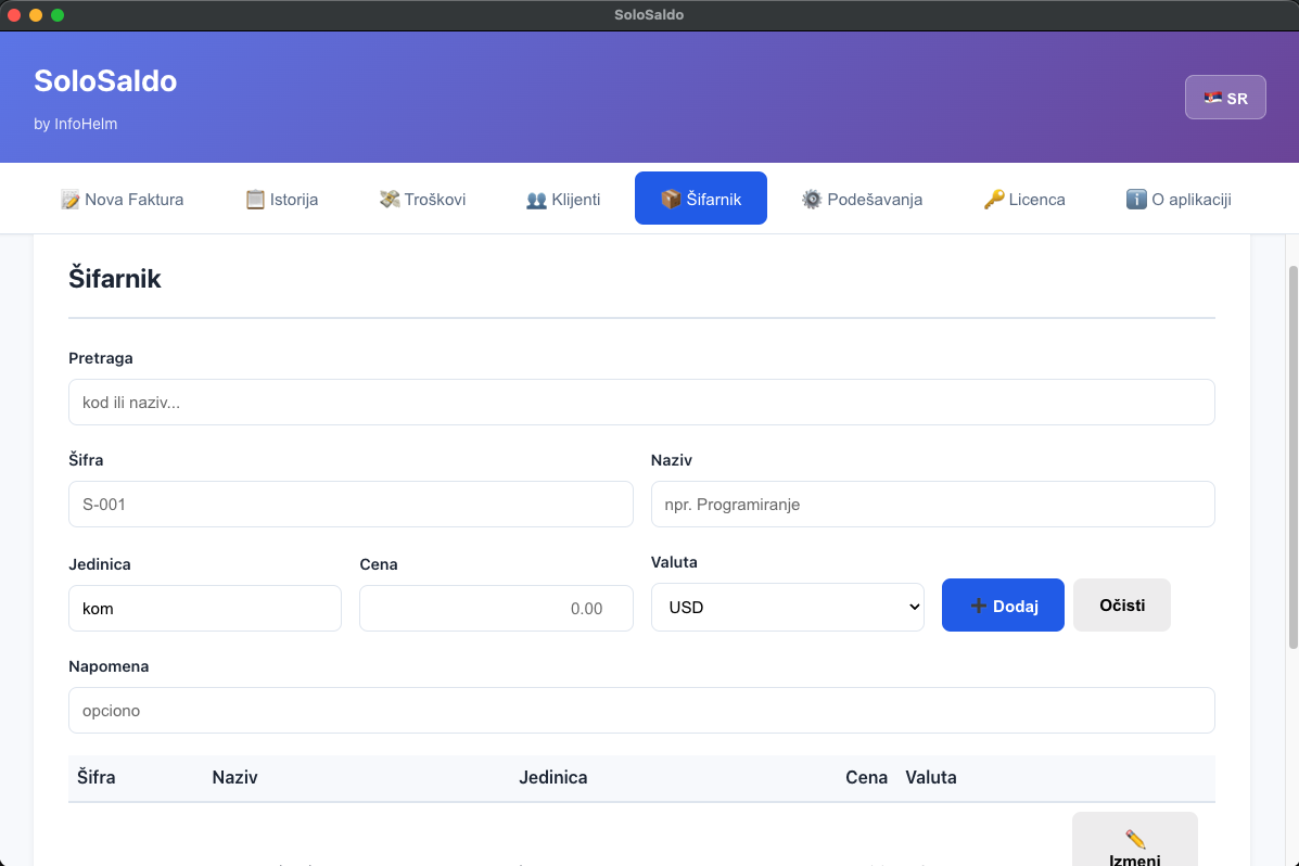 SoloSaldo — Šifarnik