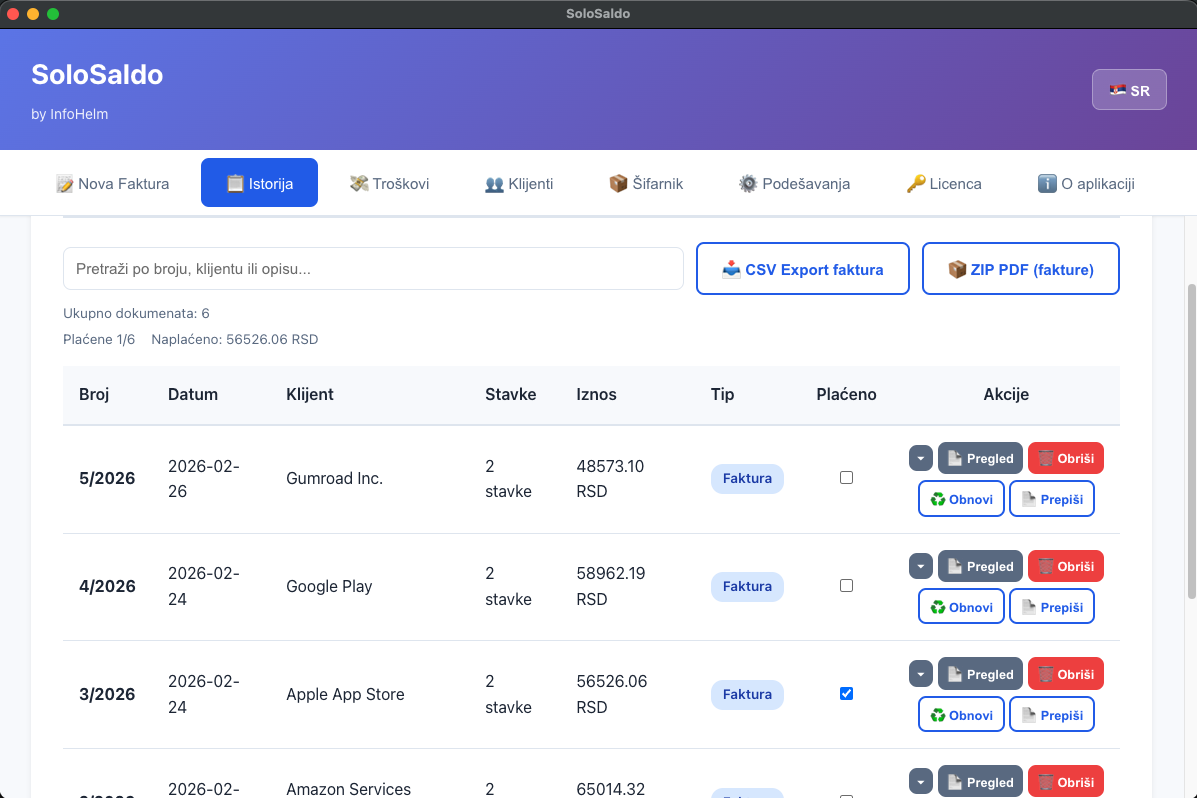 SoloSaldo — Istorija faktura