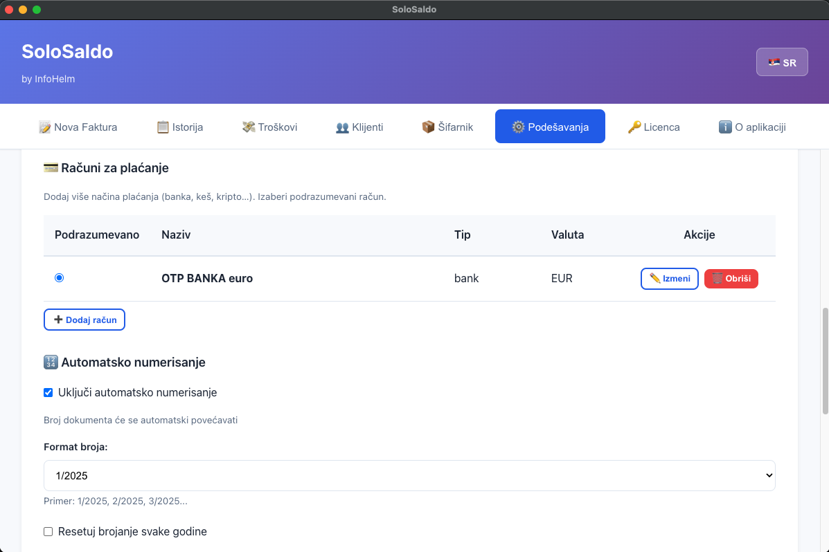 SoloSaldo — Podešavanja